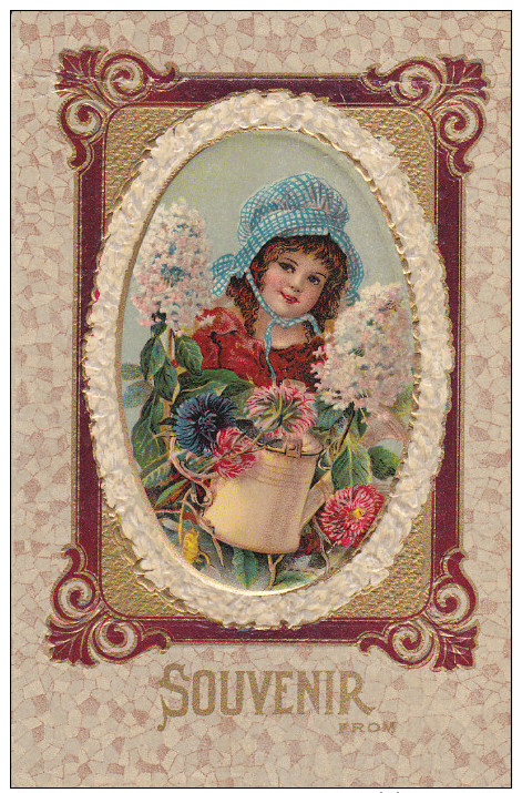 Girl Wearing Blue Bonnett Surrounded By Lovely Flowers, "Souvenir", 00-10s - Altri & Non Classificati