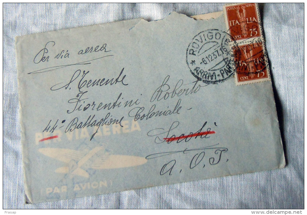 FASCIST LETTRE D´ERITREE PAR AVION POUR L´  ETHIOPIA  COVER AIRMAIL    1937 UALDIA 10 - Etiopia