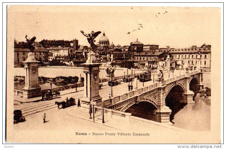 ROMA 1916 - NUOVO PONTE VITTORIO EMANUELE - ANIMATA - CARROZZE - TRAM - FORMATO PICCOLO - C462 - Ponts