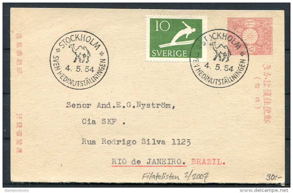 1954 Sweden Japan Stationery  Stockholm Camel Sven Hedinutstallningen Postcard - Brazil - Briefe U. Dokumente