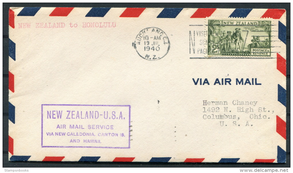 1940 New Zealand - USA Auckland Honolulu First Flight Cover Via New Caledonia Canton Is - Luchtpost