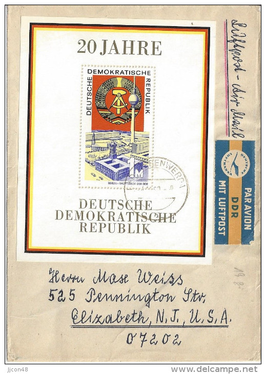 Germany (DDR) 1969  20 Jahre DDR  Mi.1507 (block 28) Bad Liebenwerda - USA 4.11.69 - Lettres & Documents