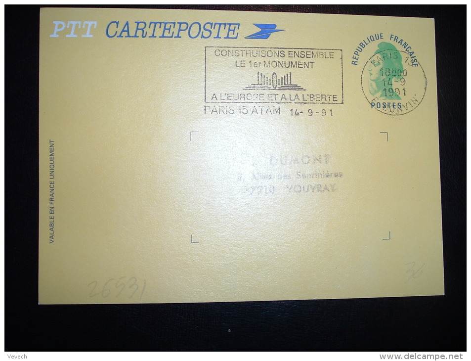 CP PTT CARTEPOSTE TYPE LIBERTE VERT OBL.MEC. 14-9-1991 PARIS 15 ATAM (75) - 1982-1990 Liberté (Gandon)