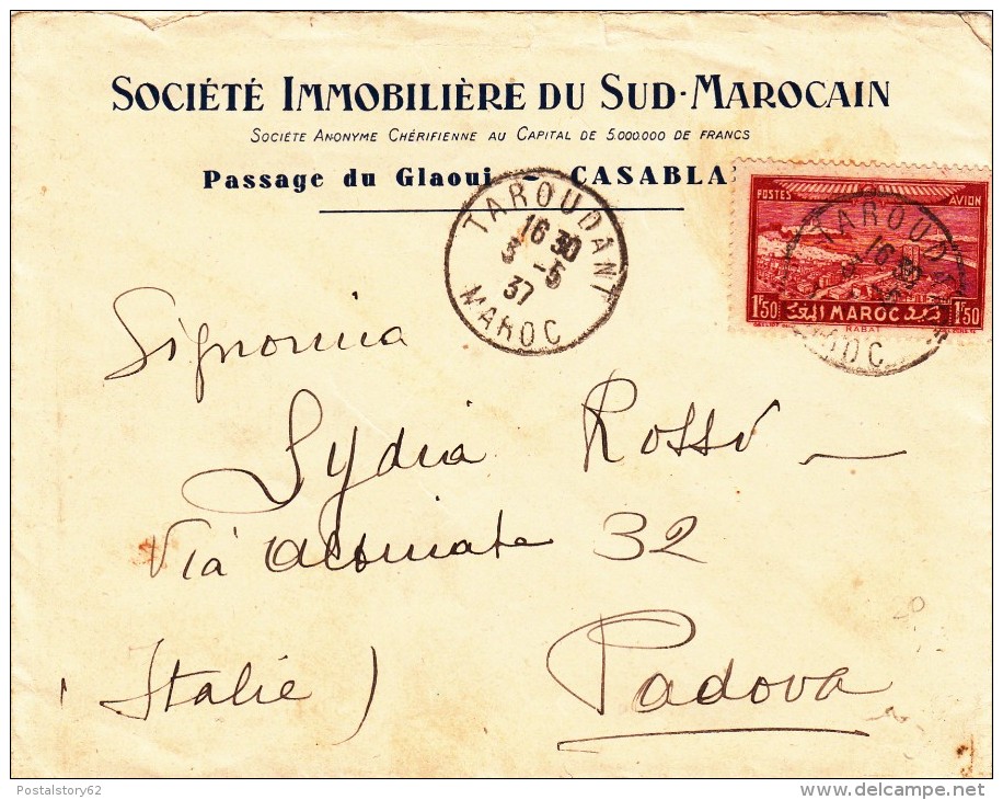 Sociètè Immobilière Du Sud Marocain, Cover Taroudant To Padova Italia 1937 - Aéreo
