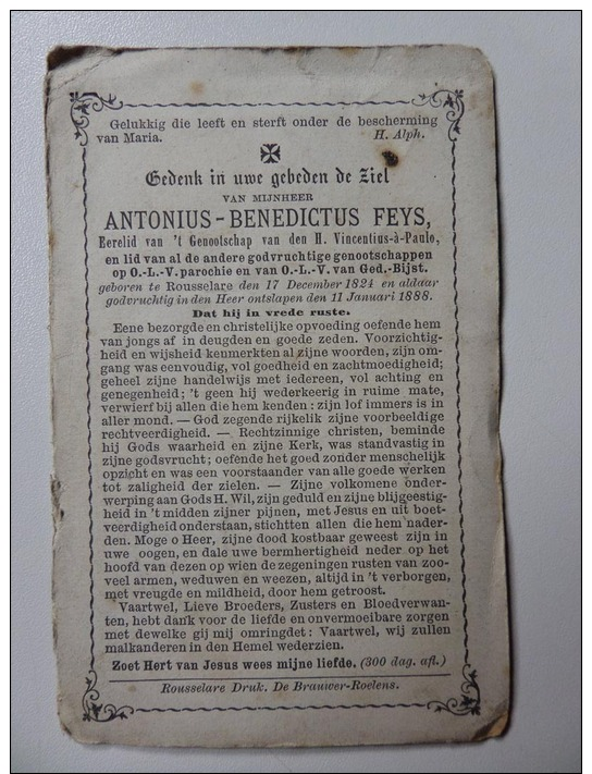 Doodsprentje Antonius Bendictus Feys Roeselare 1824+1888 - Obituary Notices