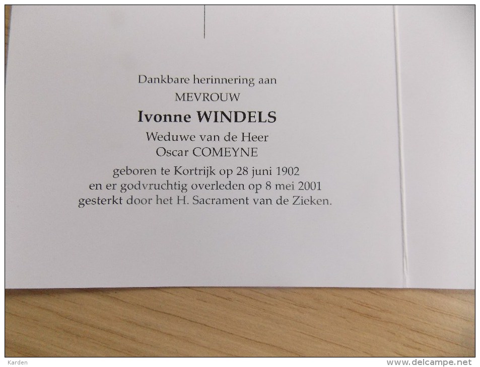 Doodsprentje Ivonne Windels Kortrijk 28/6/1902 - 8/5/2001 ( Oscar Comeyne ) - Religione & Esoterismo