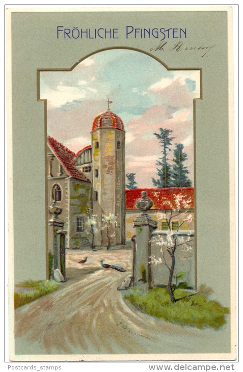Pfingsten, Dorf, Kirche, Prägekarte, Um 1910 - Pinksteren