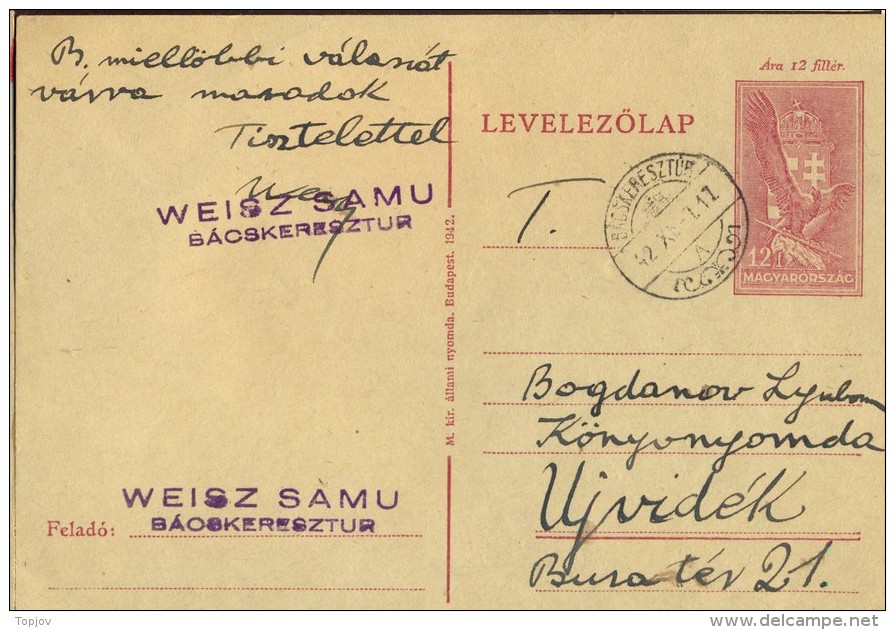 HUNGARY - VOJVODINA - OCCUPATION CARD - BACSKERESZTUR = RUSKI KRSTUR To UJVIDEK - 1942 - Storia Postale