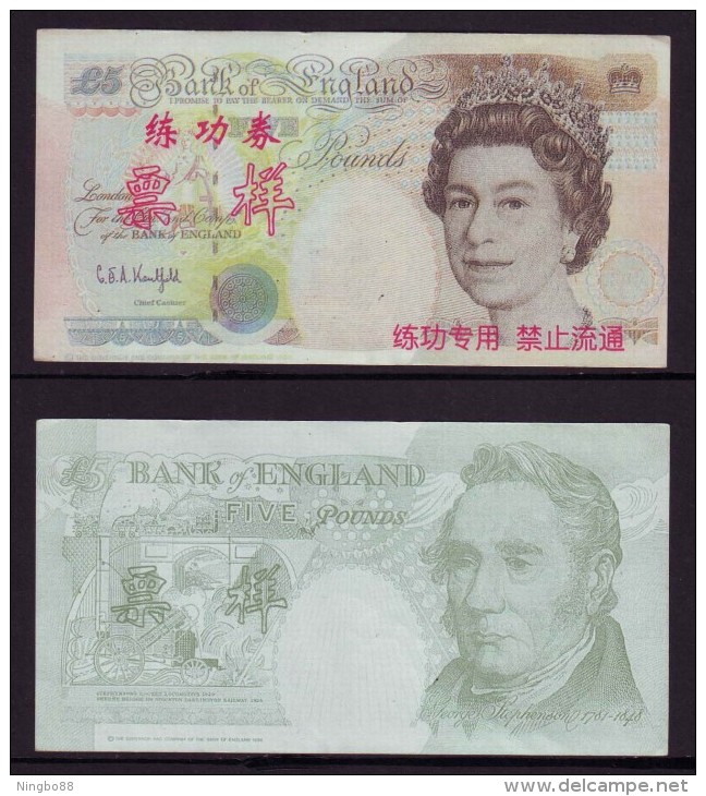 (Replica)China BOC Bank Training/test Banknote,United Kingdom Great Britain B-2 Series 5 POUND Specimen Overprint,used - [ 8] Fakes & Specimens