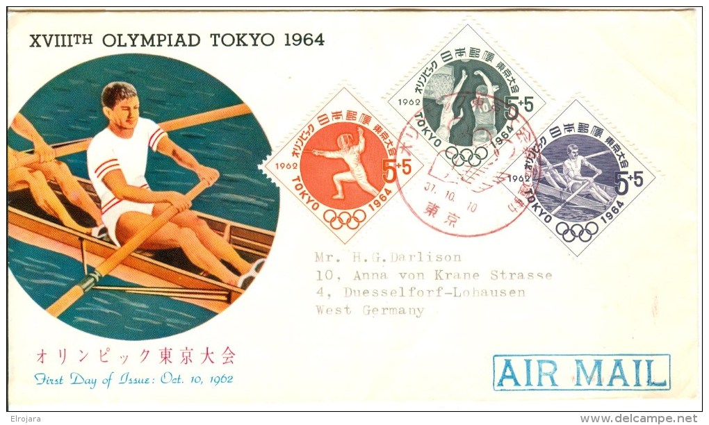 JAPAN First Day Cover With Airmail To Germany Basketball, Rowing And Fencing - Summer 1964: Tokyo