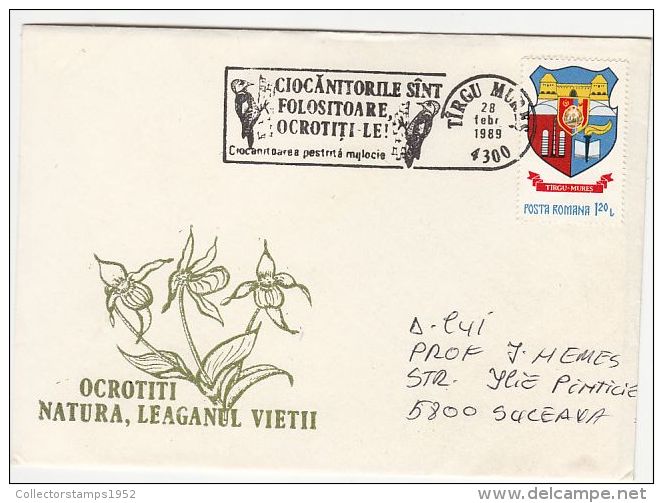 2520- BIRDS, WOODPECKER, ORCHIDS, SPECIAL COVER, 1989, ROMANIA - Spechten En Klimvogels