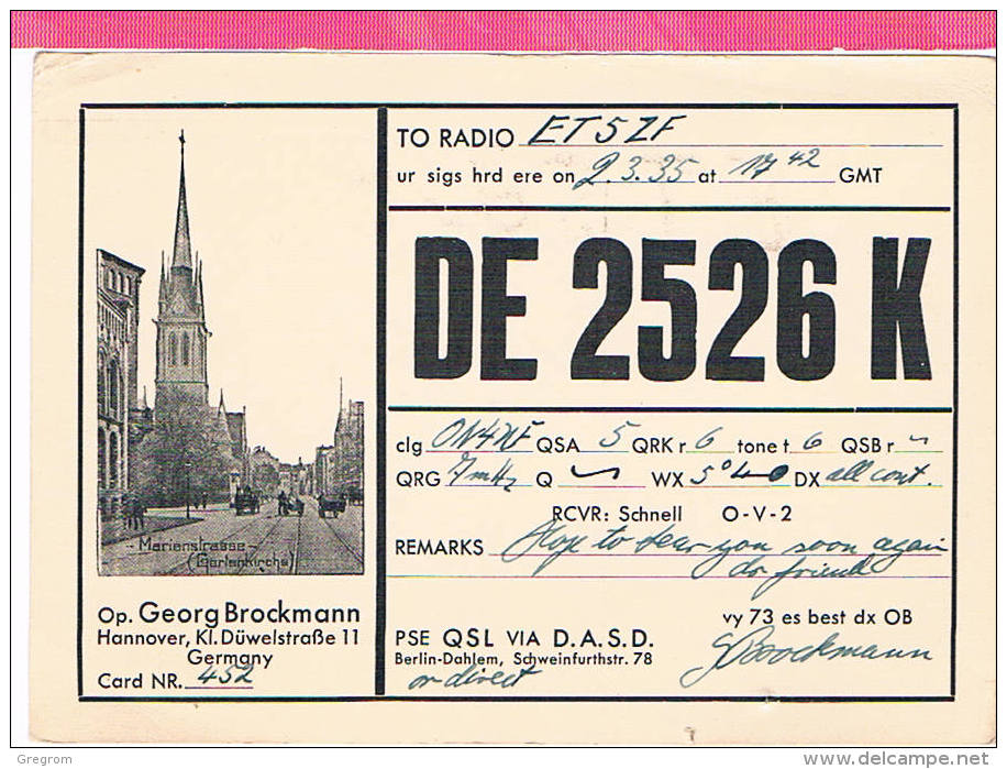 Carte QSL Allemagne  Germany 1935  Marienstrasse - Altri & Non Classificati