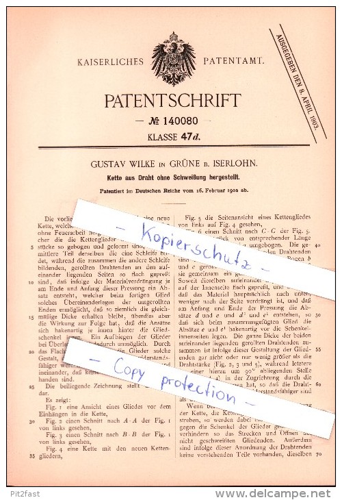 Original Patent - Gustav Wilke In Grüne B. Iserlohn , 1902 , Kette Aus Draht Ohne Schweißung Hergestellt !!! - Historische Dokumente
