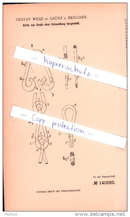 Original Patent - Gustav Wilke In Grüne B. Iserlohn , 1902 , Kette Aus Draht Ohne Schweißung Hergestellt !!! - Historische Dokumente