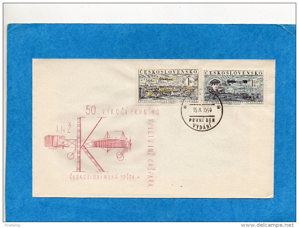MARCOPHILIE- Tchéco Slovaquie-Enveloppe Illustrée-AVIONS- -FDC-1959-N°A47-48 1er Vol -Kaspara - FDC