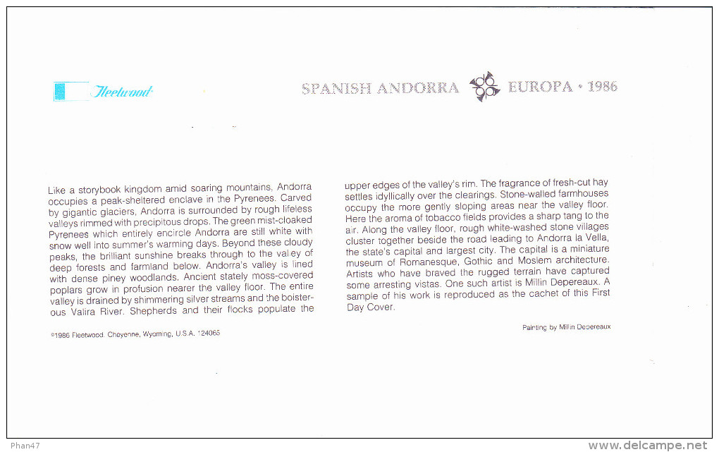 ANDORRE ESPAGNOL, EUROPA, Andorra La Vella, Peinture De Milin Depereaux, FDC, 05/05/1986 - Briefe U. Dokumente