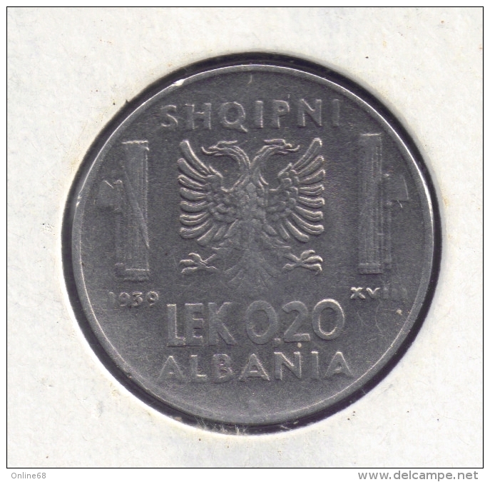 ALBANIA 0,20 LEK 1939  Non-magnétique  WWII  Victor-Emmanuel III Occupation Italienne KM# 29a - Albanie