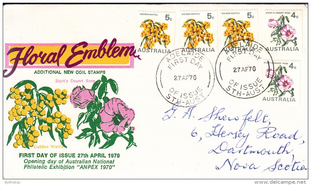 Australia FDC Scott #439C (3) 5c Golden Wattle, #439B (2) 4c Stuart's Desert Rose Opening Day ANPEX 1970 - Sobre Primer Día (FDC)