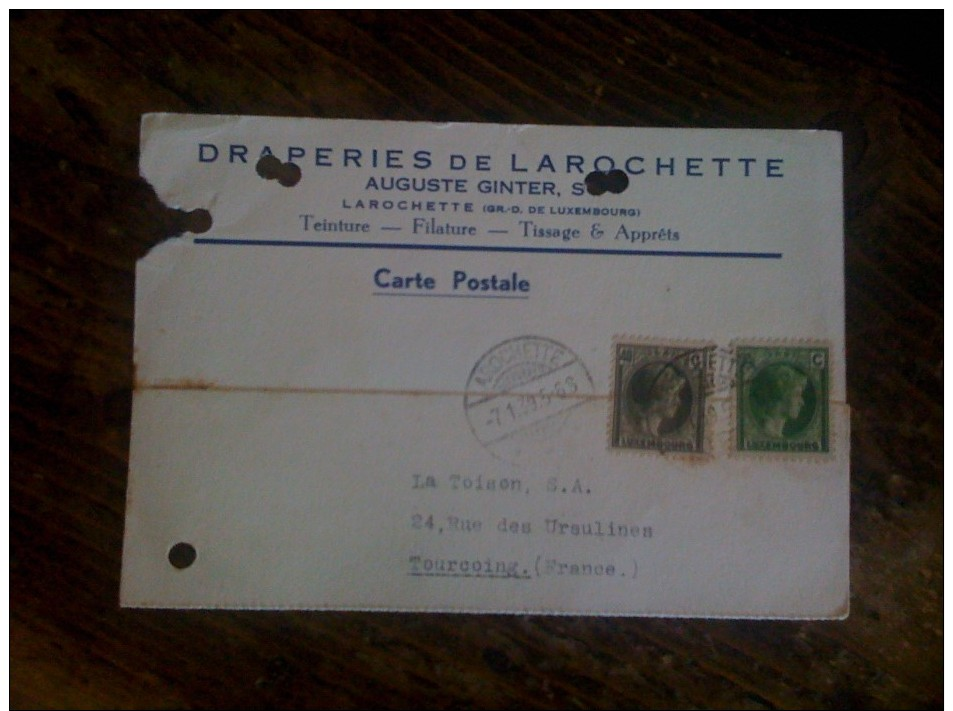 ANCIENNE LETTRE LUXEMBOURG LAROCHETTE DRAPERIE AUGUSTE GINTER 1939 TIMBRE 40C + 25C - Briefe U. Dokumente