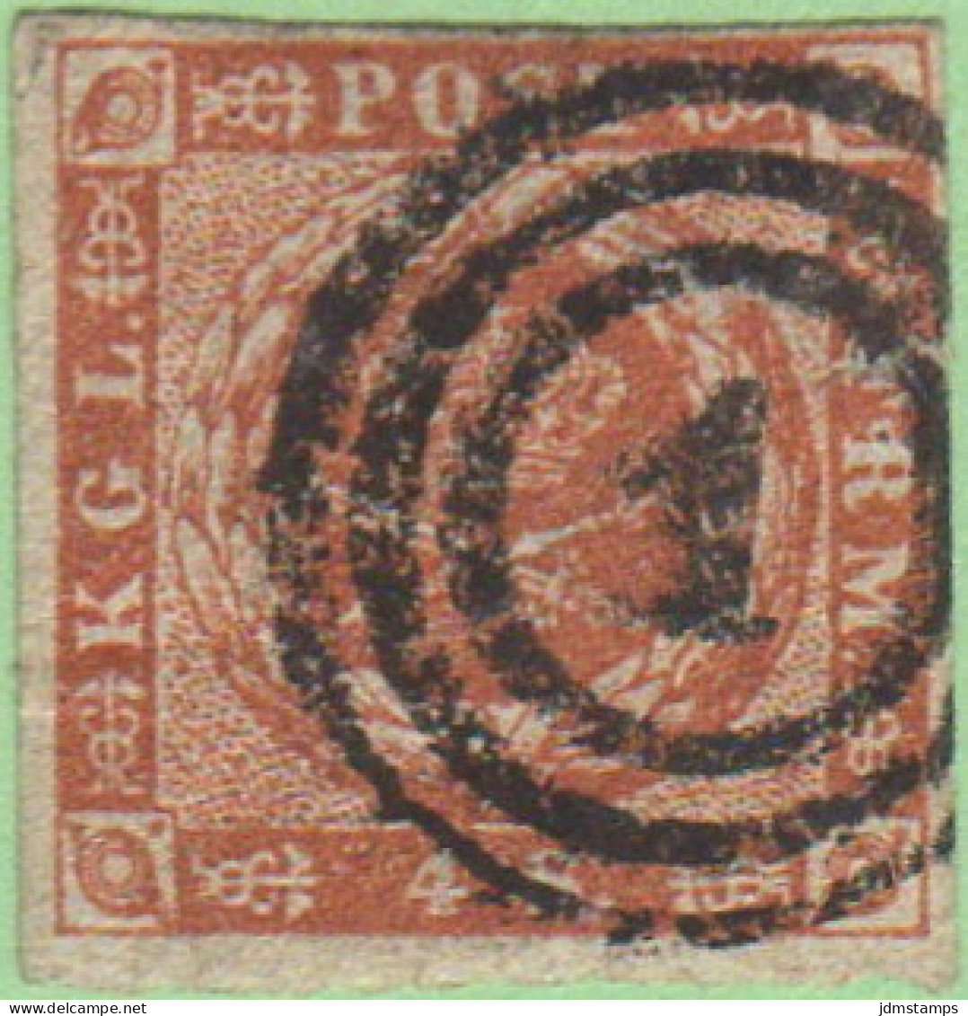 DEN SC #4  Royal Emblems  4 Margins  W/sm Cnr Crs @ UL, "1" (Kjobenhavn) In Concentric Circles, CV $15.00 - Used Stamps