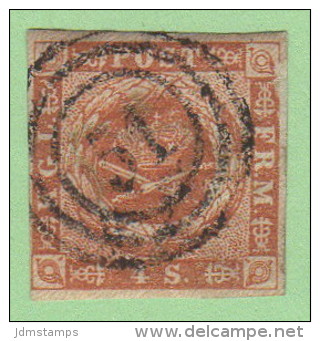 DEN SC #4  Royal Emblems  4 Margins (close @ LL)  "51" (Odense) In Concentric Circles, CV $15.00 - Used Stamps