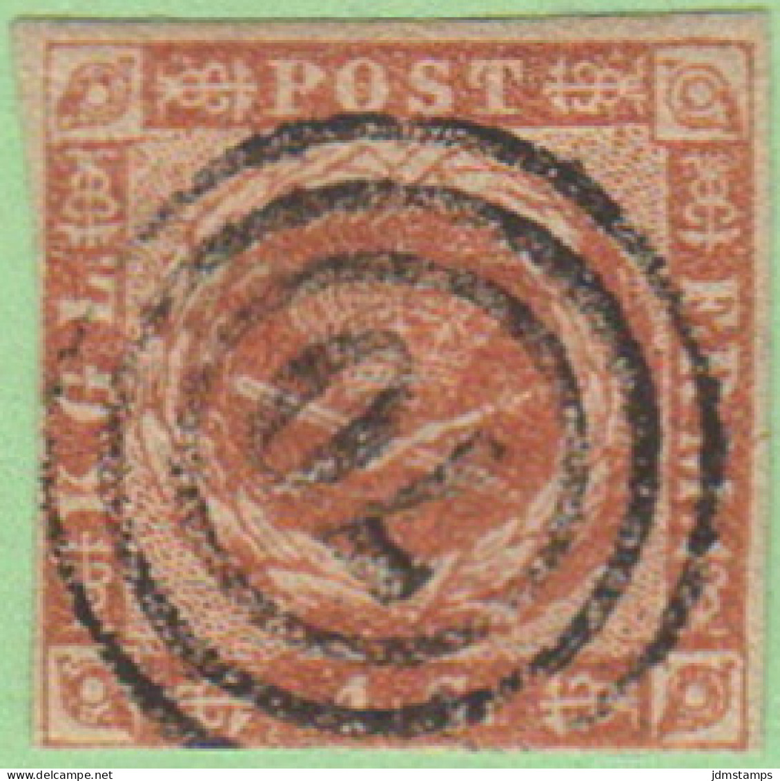 DEN SC #4  Royal Emblems  4 Margins (close @ BL)  "70" (Svendborg) In Concentric Circles, CV $15.00 - Oblitérés