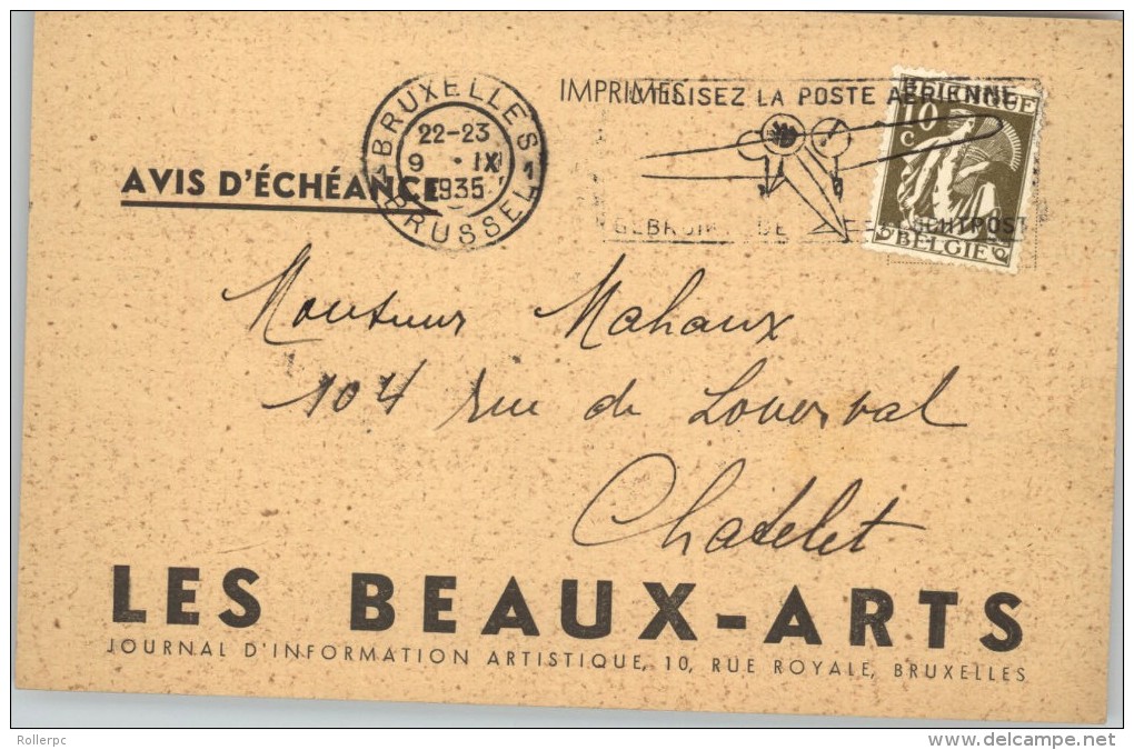 080301 GLEANER 10c [1932] - POSTAL CARD-LES BEAIX-ARTS 1BRUXELLES1//BRUSSEL-1 934>CHATELET [AIRPLANE] - Postcards 1909-1934