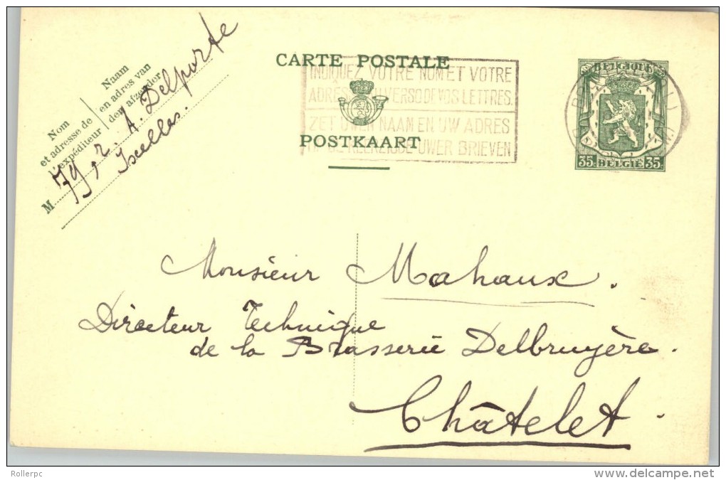 080305 ARMS 35c [1935 ] - POSTAL CARD BRUXELLES(QL)//BRUSSEL (LW)>CHATELET - Postcards 1909-1934