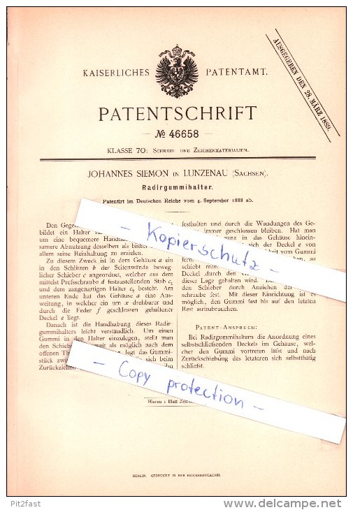 Original Patent - Johannes Siemon In Lunzenau (Sachsen) , 1888 , Radiergummihalter !!! - Lunzenau