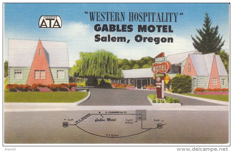 Salem Oregon, Gables Motel, Lodging, C1940s Vintage Linen Postcard - Salem