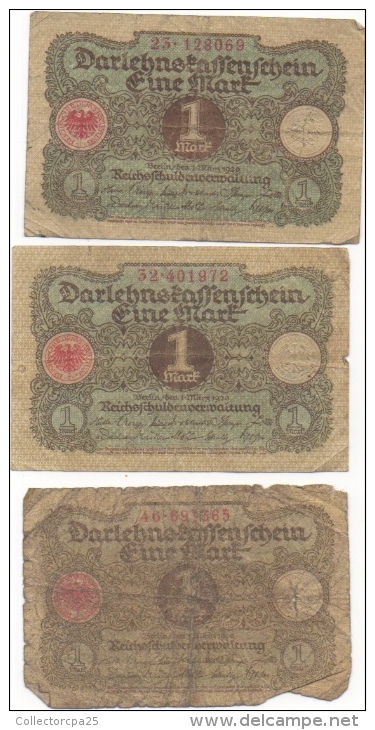 3 Billets 1 Mark 1 Er Mars 1920 Darlehnetassensceim Reichsbanknote 23.128069 32.401972 46.691365 - 1 Mark