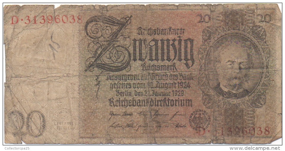 1 Billet 20 Zwanzig Reichsmark 22 Janvier 1929 Reichsbanknote D.31396038 - 20 Mark