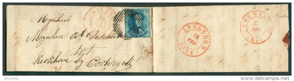 N°4 - Médaillon 20 Centimes Bleu, Margé, Obl. P.4 Sur Lettre D´ANVERS Le 18 Février 1851 Vers Kerkhove Bij Oortryck, Via - 1849-1850 Medaillen (3/5)