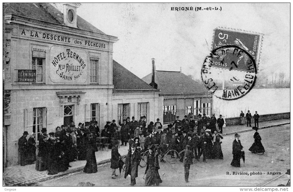 49 - Erigné : A La Descente Des Pêcheurs - Hotel TERMINUS Mson ROULLET - C. JANIN SUCCr Belle Animation Vue Peu Courante - Autres & Non Classés