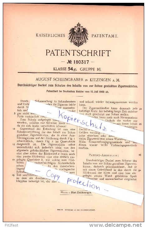 Original Patent - August Scheingraber In Kitzingen  , 1905 , Durchsichtiger Deckel  !!! - Kitzingen