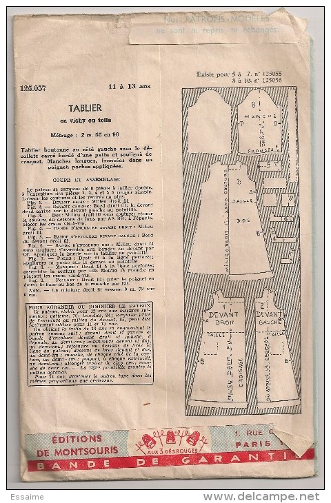 Patron Modèle édité Par L'écho De La Mode. Montsouris. Tablier 11-13 Ans. 125057. 1950-1960 - Patterns