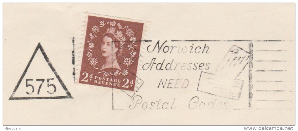 C 1960 GB Stamps COVER TRIANGULAR Pmk 575 SLOGAN NORWICH ADDRESSES NEED  POSTAL CODE - Covers & Documents