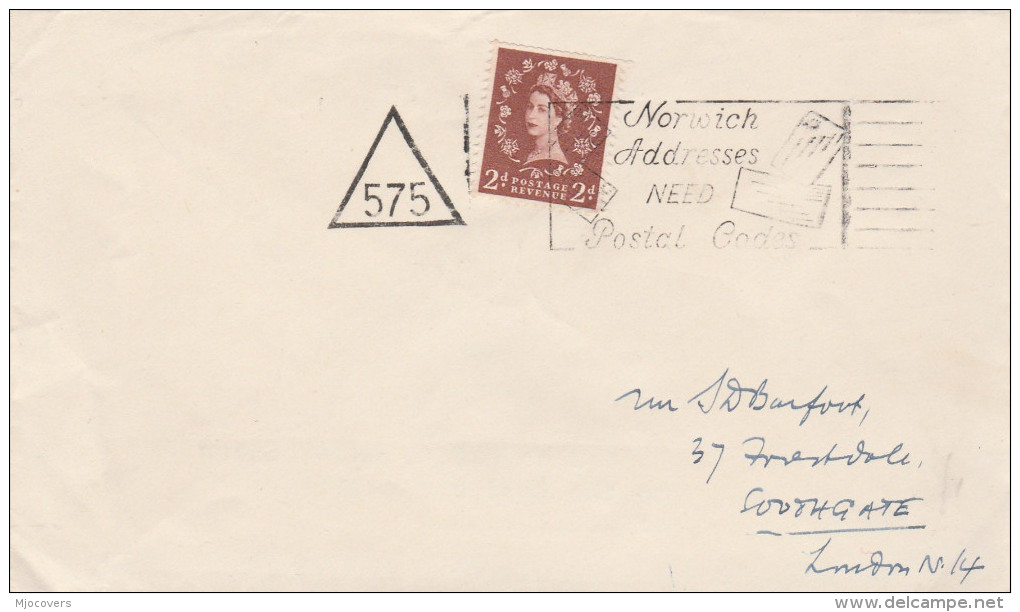 C 1960 GB Stamps COVER TRIANGULAR Pmk 575 SLOGAN NORWICH ADDRESSES NEED  POSTAL CODE - Covers & Documents