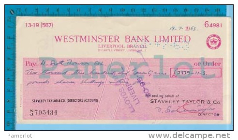 Westminster Bank  "2379 Li-11-3" ( Liverpool 1963 Stamp Duty Paid Perforated Cancel )   Recto/verso - Chèques & Chèques De Voyage