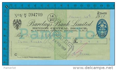 1958 Barclays Bank Hendon N.W.4. 3l + Two Pence Duty Stamp Embossed Recto/verso - Chèques & Chèques De Voyage