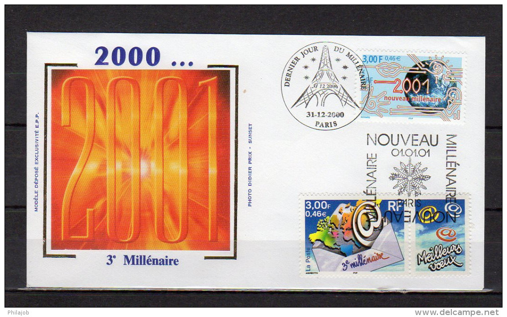 FRANCE 2000 : 3  FDC En Soie " PASSAGE AU 3ème MILLENAIRE ". N° YT 3357 3365. Parfait état. - 2000-2009