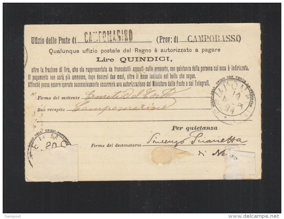 Cartolina Vaglia Quindici Lire 1894 - Entero Postal