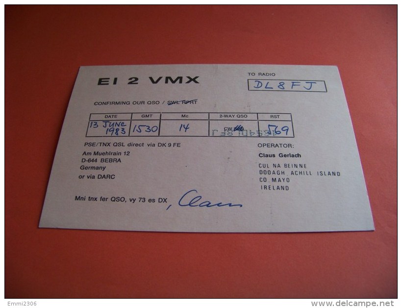 Island   QSL   Karte     EI2VMX   Radio      13.6.1983    ( 14 ) - Radio
