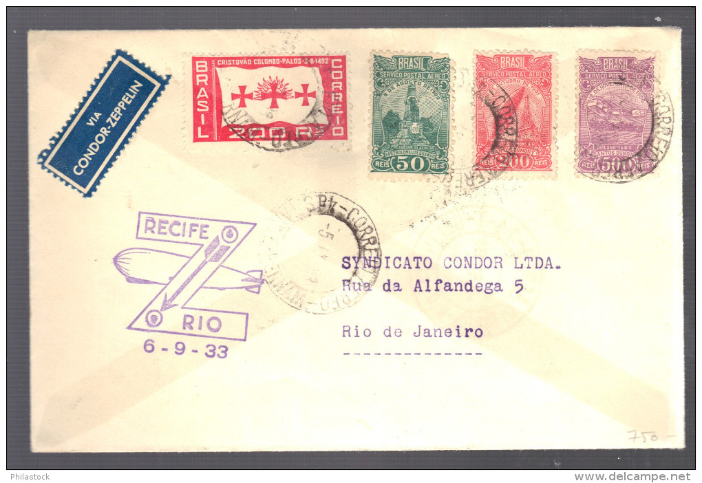 BRESIL 1933 Lettre Recife Pour Rio De Janeiro Via Condor Zeppelin - Poste Aérienne (Compagnies Privées)