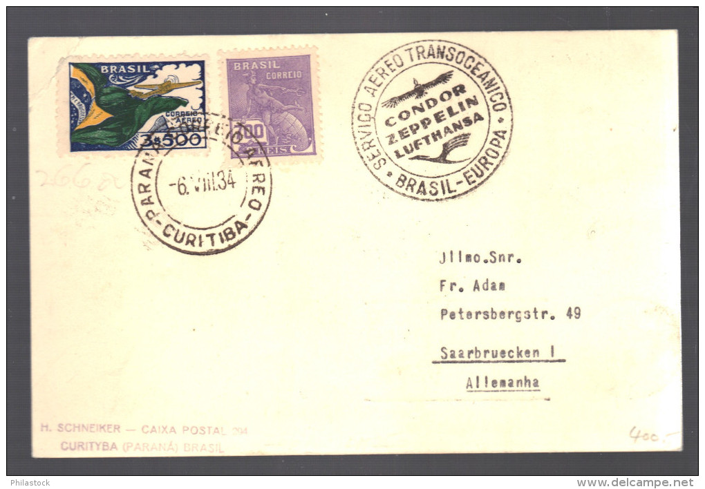 BRESIL 1934 CP  Curitaba Parama Pour Saarbruck Allemagne Via Condor Zeppelin - Airmail (Private Companies)