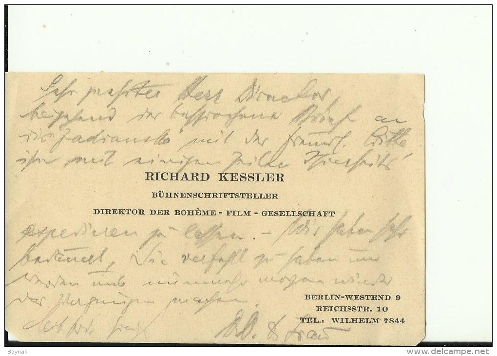 DEUTSCHLAND, BERLIN  --  VISITING CARD  --   RICHARD KESSLER  --   BUHNENSCHRIFTSTELLER  --  DIREKTOR DER BOHEME - FILM - Visiting Cards