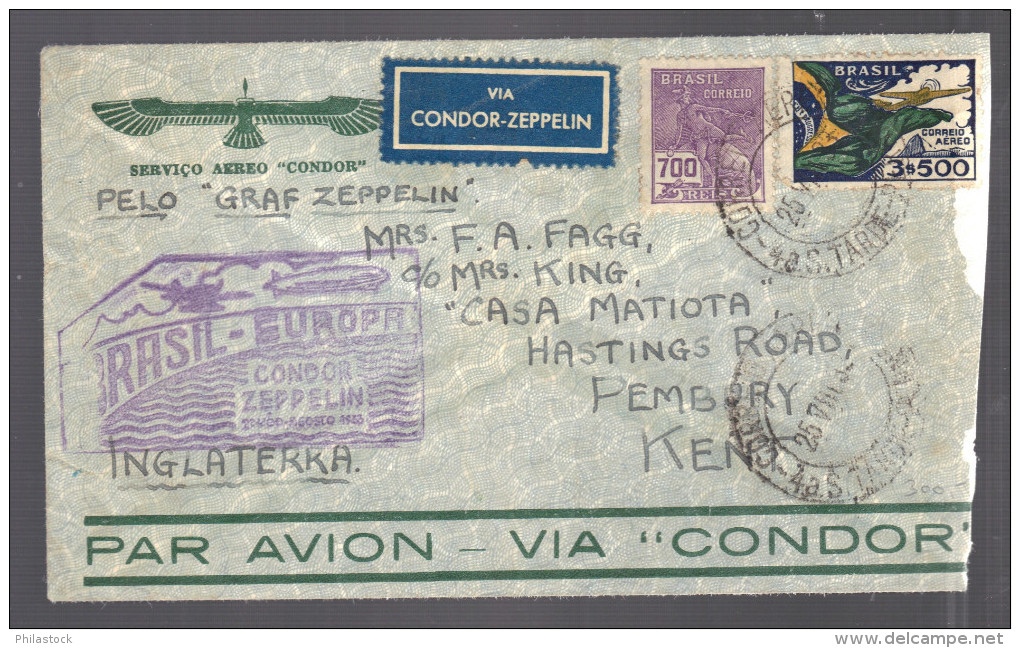 BRESIL 1933 Lettre Pernambuco Par Friedrichshafen Pour Royaume Uni Via Condor Zeppelin - Aéreo