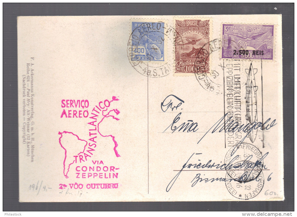 BRESIL 1932 CP Recife Pernambuco Pour Friedrichshafen Via Condor Zeppelin - Luchtpost (private Maatschappijen)