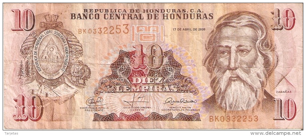 BILLETE DE HONDURAS DE 10 LEMPIRAS DEL  AÑO 2008 (BANKNOTE) - Honduras