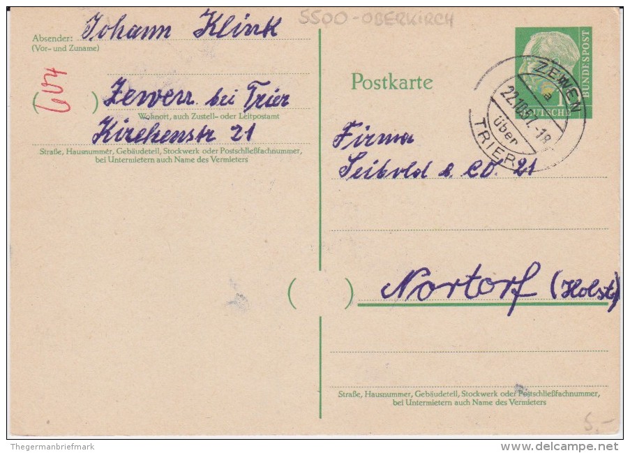 Bund Heuss P 31 PSt I Stempel Zewen ü Trier 1957 - Cartes Postales - Oblitérées